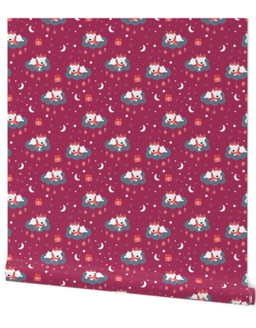Christmas Cartoon Children’s Print Polar Bears on Clouds with Christmas Ornaments on Cranberry Red Wallpaper