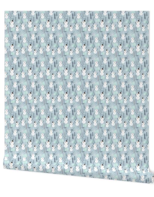 Christmas Snowman Character with Trees and Snowflakes on Icy Mint Blue Wallpaper