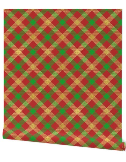 Bright Faux Gold Foil Tartan Plaid with Christmas Red and Green Wallpaper