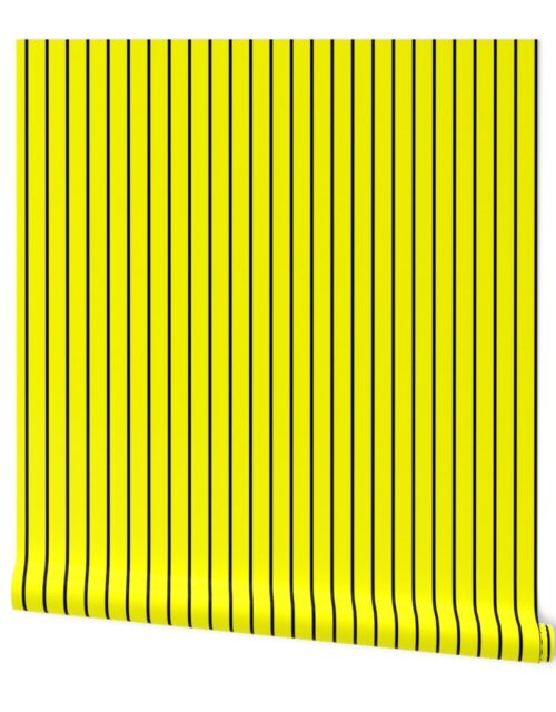 Classic wider 1 Inch Black Pinstripe on a Bright Yellow Background Wallpaper