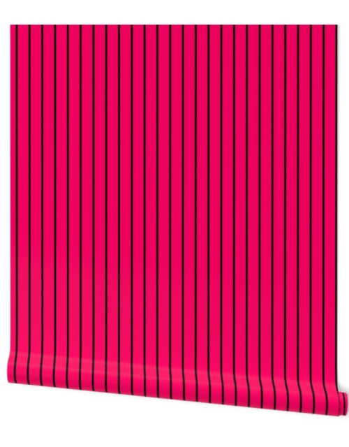 Classic wider 1 Inch Black Pinstripe on a Bright Hot Pink Background Wallpaper