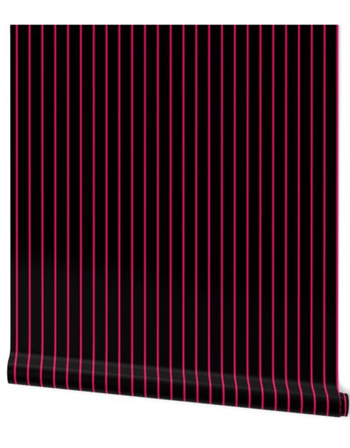 Classic wider 1 Inch Bright Hot Pink Pinstripe on a Black Background Wallpaper