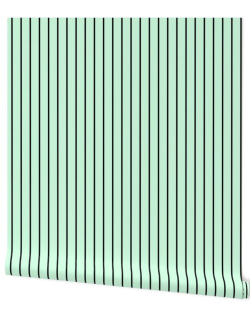 Classic wider 1 Inch Black Pinstripe on a Summer Mint Green Background Wallpaper
