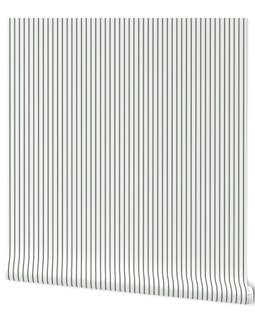 Classic 1/2 Inch Dark Forest  Green Pinstripe on a White Background Wallpaper