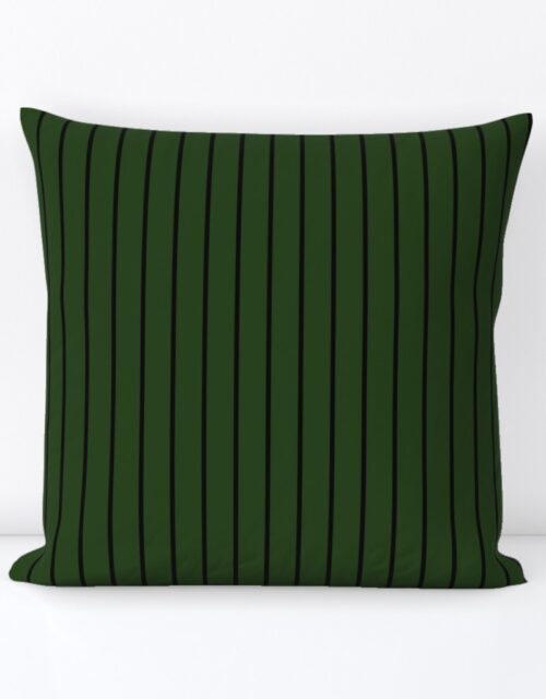 Classic wider 1 Inch Black Pinstripe on a Dark Forest Green Background Square Throw Pillow