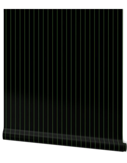 Classic wider 1 Inch Dark Forest Green Pinstripe on a Black Background Wallpaper