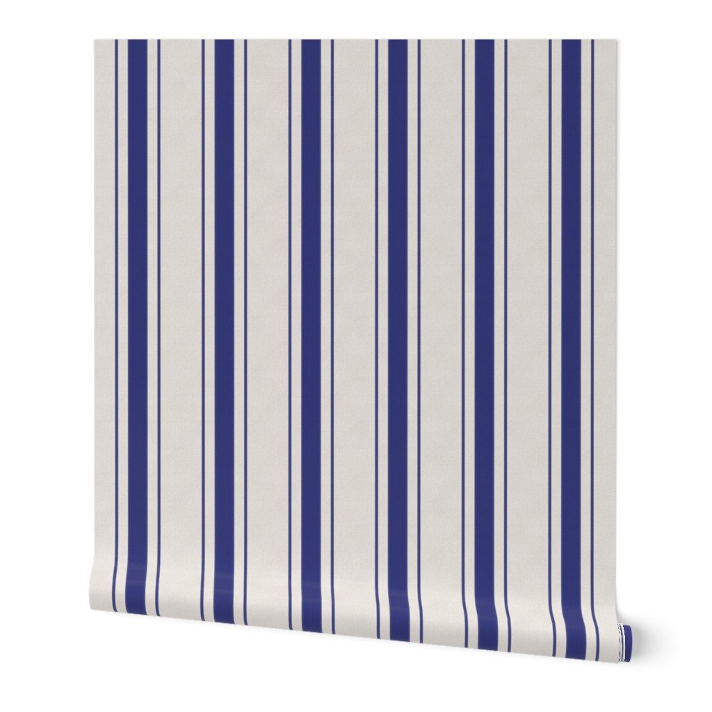 Cornflower Blue Antique Vintage Mattress Ticking Stripe on Cream Wallpaper