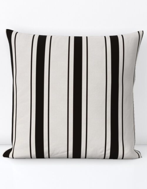 Medium Coal Black Antique Vintage Mattress Ticking Stripe on Cream Square Throw Pillow