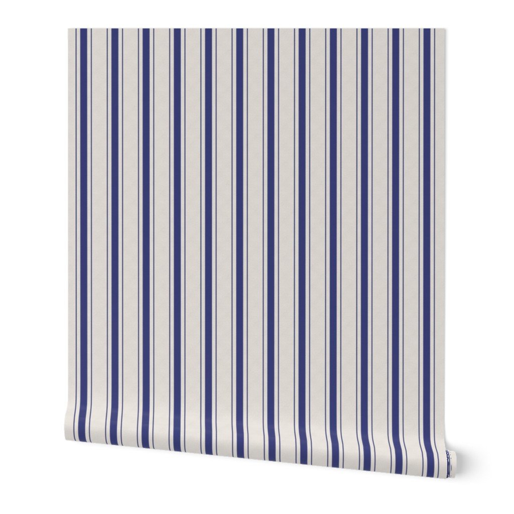 Small Cornflower Blue Antique Vintage Mattress Ticking Stripe on Cream Wallpaper