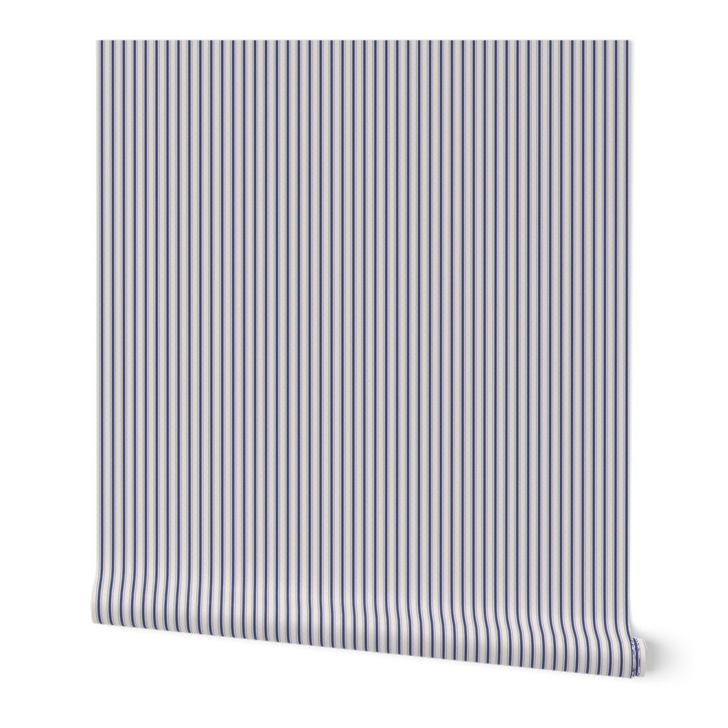 Micro Cornflower Blue Antique Vintage Mattress Ticking Stripe on Cream Wallpaper