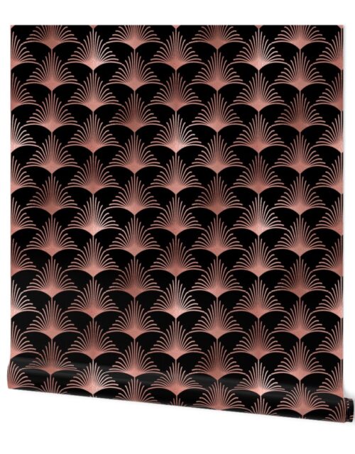 Copper Rose Gold and Black Art Deco Palm Leaves Wallpaper