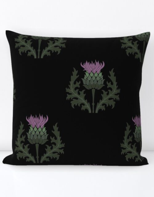 Large Scottish Thistle Flower of Scotland on Black Square Throw Pillow