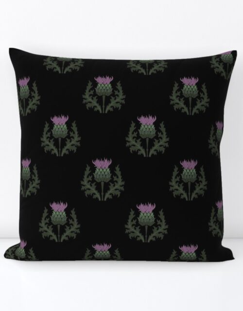 Small Scottish Thistle Flower of Scotland on Black Square Throw Pillow