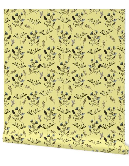 Small Handpainted Bluebells and Bluebirds Floral Pattern Flowers in Butter Yellow Wallpaper