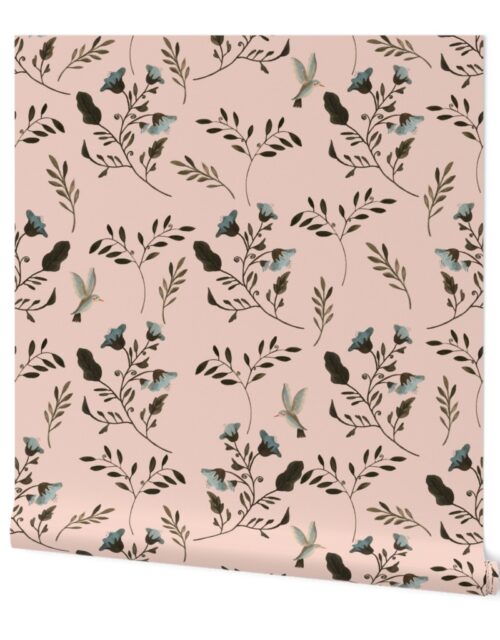 Blue Bluebells and Bluebirds Watercolored Floral Pattern on Soft Peach Wallpaper