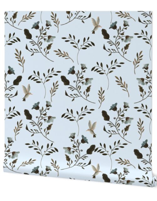 Blue Bluebells and Bluebirds Floral Pattern on Baby Blue Wallpaper