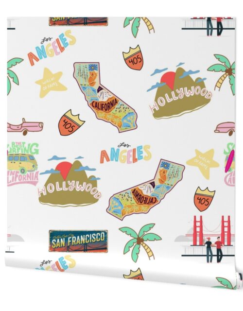 California Hand drawn Motifs Golden Gate Bridge, Hollywood Sign, Palm Trees, Route 405, Pink Convertible, Surfing and Walk of Fame Signs on White Wallpaper