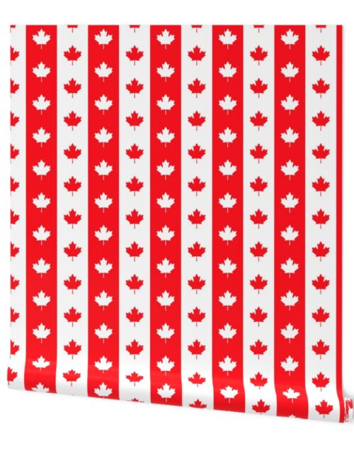Canadian Flag Colors Red, White and Maple Leaves Large 3 Inch Vertical Stripes Wallpaper
