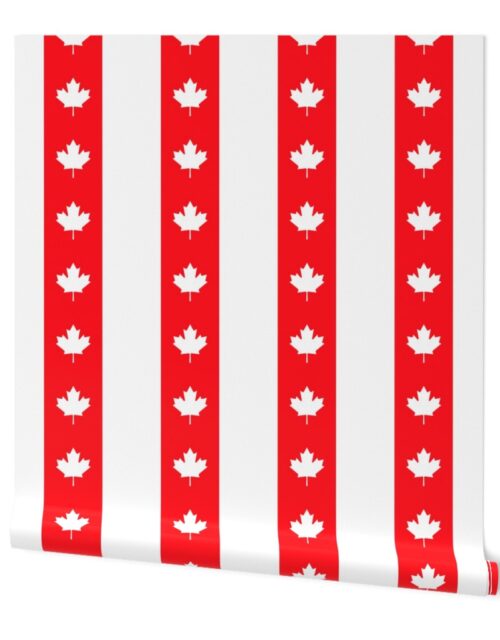 Canadian Flag Colors Red, White and Maple Leaves Jumbo 6 Inch Vertical Stripes Wallpaper