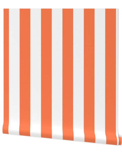 Sunset Coral and White Large 3 Inch Vertical Cabana Stripes Wallpaper