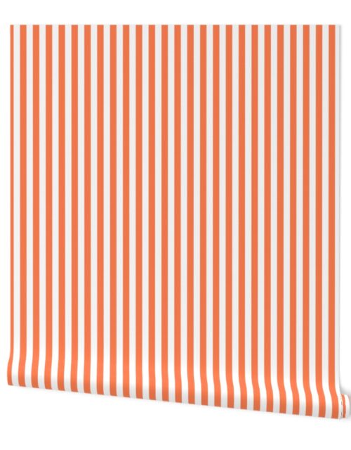 Sunset Coral and White 1/2 Inch Vertical Cabana Stripes Wallpaper