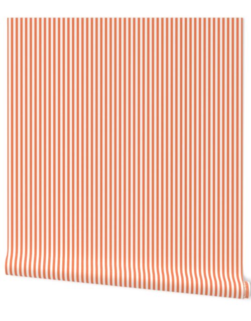 Sunset Coral and White 1/4 Inch Vertical Cabana Stripes Wallpaper
