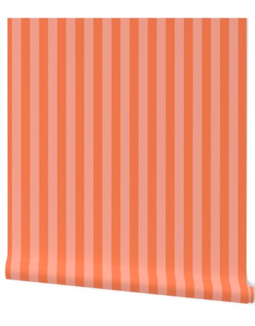 Sunset Coral and Tonal Coral 1 Inch Vertical Cabana Stripes Wallpaper