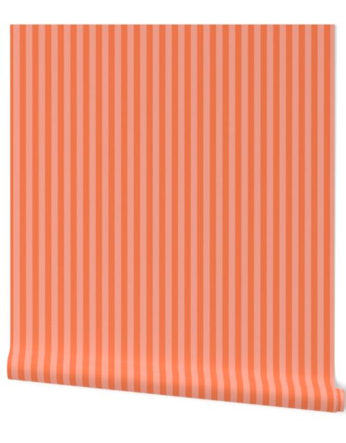 Sunset Coral and Tonal Coral 1/2 Inch Vertical Cabana Stripes Wallpaper