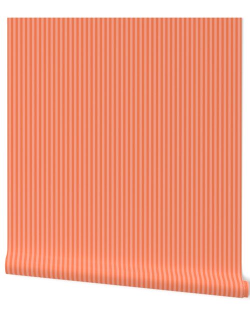 Sunset Coral and Tonal Coral 1/4 Inch Vertical Cabana Stripes Wallpaper