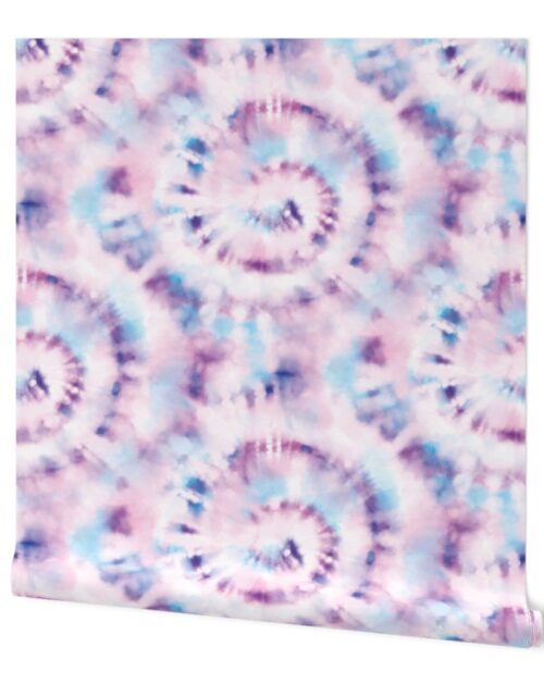 Jumbo Tie Dye Lilac and Aqua Circling Swirls on White Wallpaper