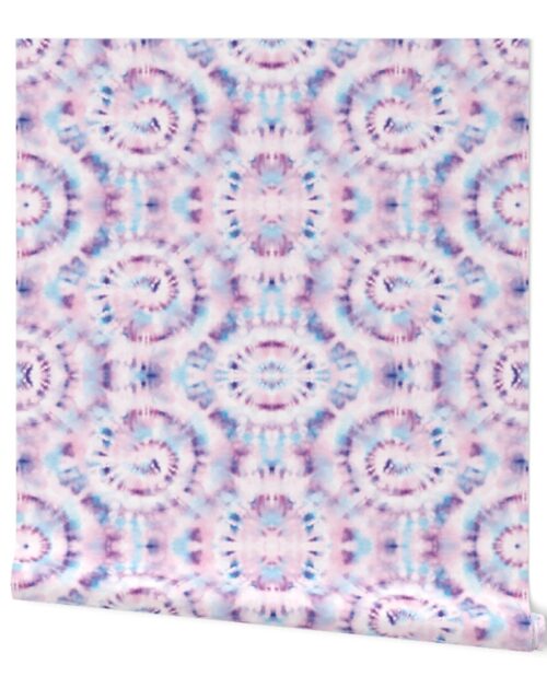 Jumbo Tie Dye Lilac and Aqua Opposite Circling Swirls on White Wallpaper