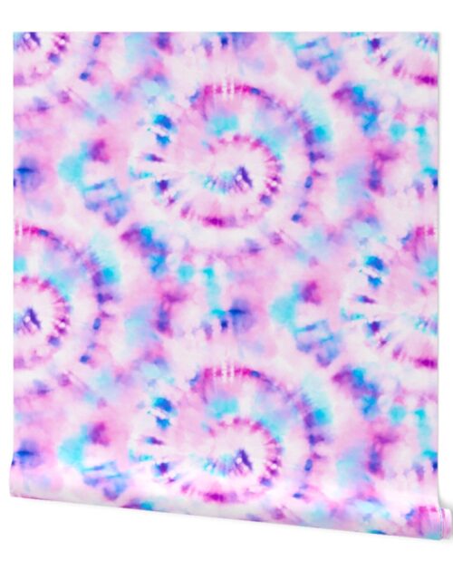 Jumbo Tie Dye Pink and Aqua Circling Swirls on White Wallpaper