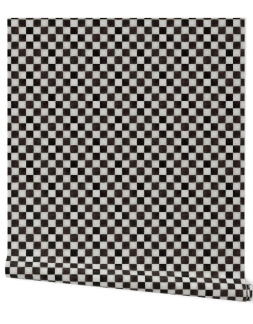 Black and White Watercolored Checkerboard 1 inch-Check Wallpaper