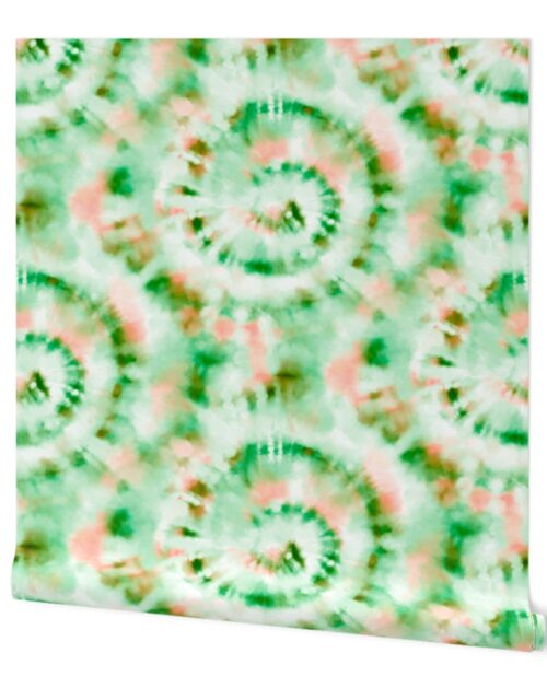 Jumbo Tie Dye Peach and Bright Green Circling Swirls on White Wallpaper
