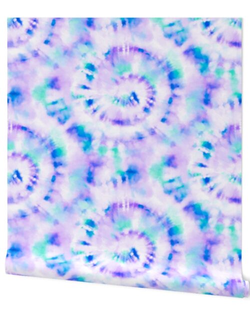 Jumbo Tie Dye Kelly Green, Lilac  and Royal Blue Circling Swirls on White Wallpaper