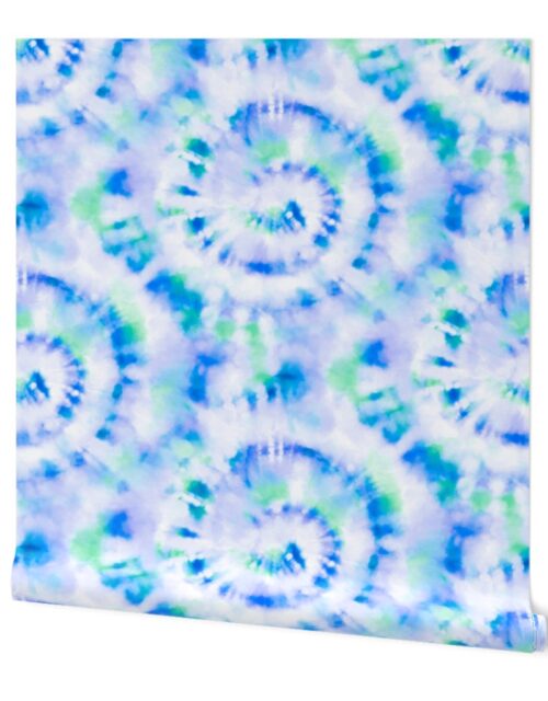 Jumbo Tie Dye Kelly Green  and Royal Blue Circling Swirls on White Wallpaper