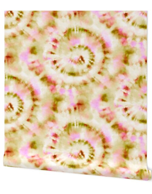 Jumbo Tie Dye Moss Green and Candy Pink Circling Swirls on White Wallpaper