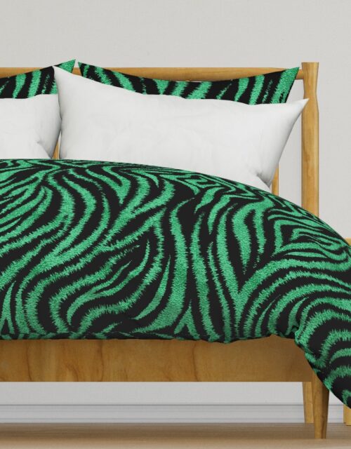 Textured Animal Striped Tiger Fur in Bold  Emerald Green and Black Swirling Zebra Stripes Duvet Cover