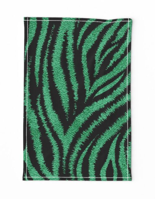Textured Animal Striped Tiger Fur in Bold  Emerald Green and Black Swirling Zebra Stripes Tea Towel