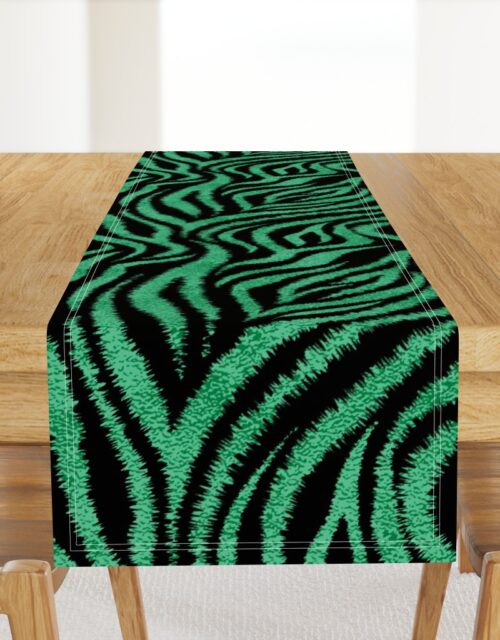 Textured Animal Striped Tiger Fur in Bold  Emerald Green and Black Swirling Zebra Stripes Table Runner