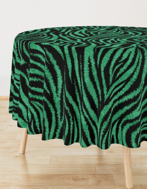 Textured Animal Striped Tiger Fur in Bold  Emerald Green and Black Swirling Zebra Stripes Round Tablecloth
