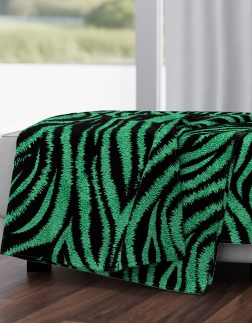 Textured Animal Striped Tiger Fur in Bold  Emerald Green and Black Swirling Zebra Stripes Throw Blanket