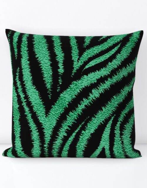 Textured Animal Striped Tiger Fur in Bold  Emerald Green and Black Swirling Zebra Stripes Square Throw Pillow
