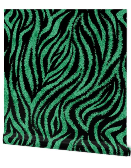 Textured Animal Striped Tiger Fur in Bold  Emerald Green and Black Swirling Zebra Stripes Wallpaper