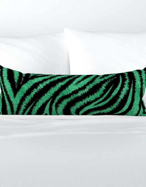 Textured Animal Striped Tiger Fur in Bold  Emerald Green and Black Swirling Zebra Stripes Extra Long Lumbar Pillow