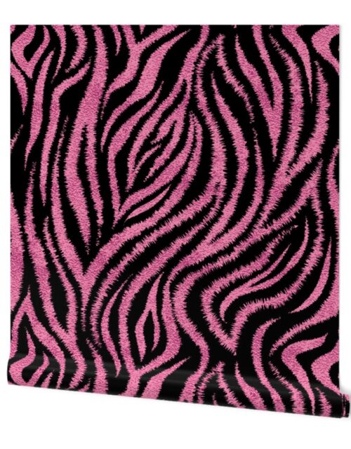 Textured Animal Striped Tiger Fur in Bold Rose Pink and Black Swirling Zebra Stripes Wallpaper