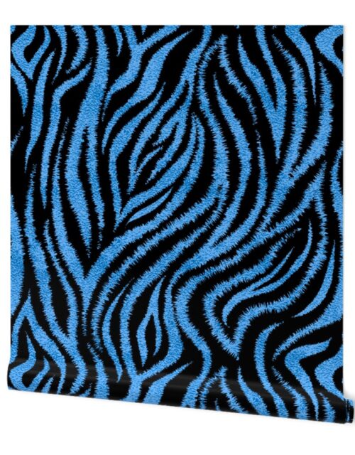 Textured Animal Striped Tiger Fur in Bold Cornflower Blue and Black Swirling Zebra Stripes Wallpaper