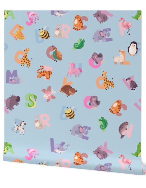 Whimsical Nursery Alphabet in Adorable Animals for Babies and Children 3-4 Inch on Baby Blue Pastel Wallpaper