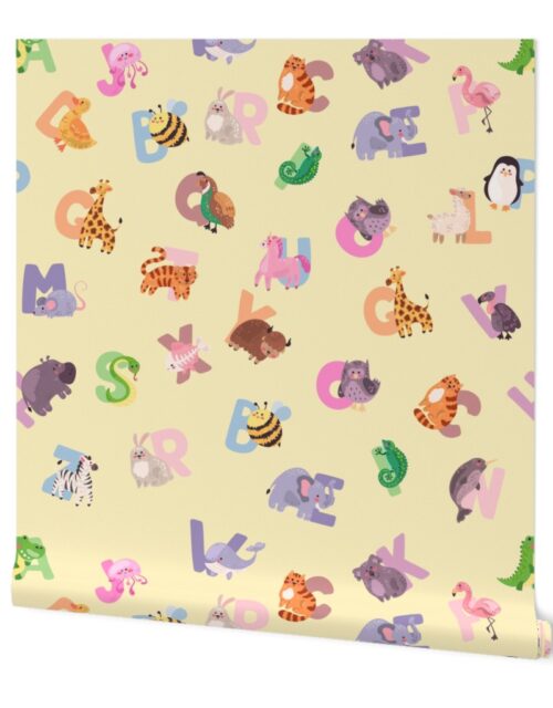 Whimsical Nursery Alphabet in Adorable Animals for Babies and Children 3-4 Inch on Butter Yellow Pastel Wallpaper