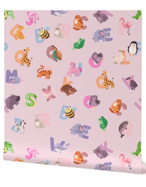 Whimsical Nursery Alphabet in Adorable Animals for Babies and Children 3-4 Inch on Baby Pink Pastel Wallpaper